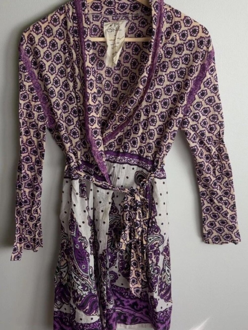 Free People FP One Wrap Tunic Dress Purple Paisley Cotton Boho Size Small Womens